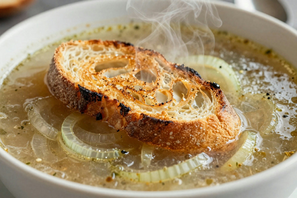 Con questa ricetta la zuppa di cipolle diventa un piatto ricco e confortante grazie al pane raffermo, un inno al non spreco
