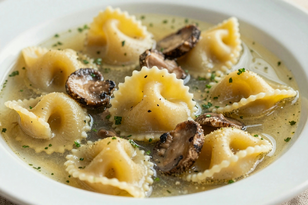 Quadrucci in brodo con funghi porcini freschi e aromi di stagione per un piatto ricco di sapore