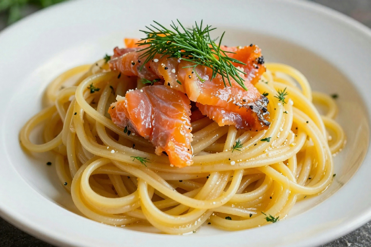 Tagliolini bicolore con salmone affumicato e aneto fresco, un piatto dal sapore delicato e raffinato